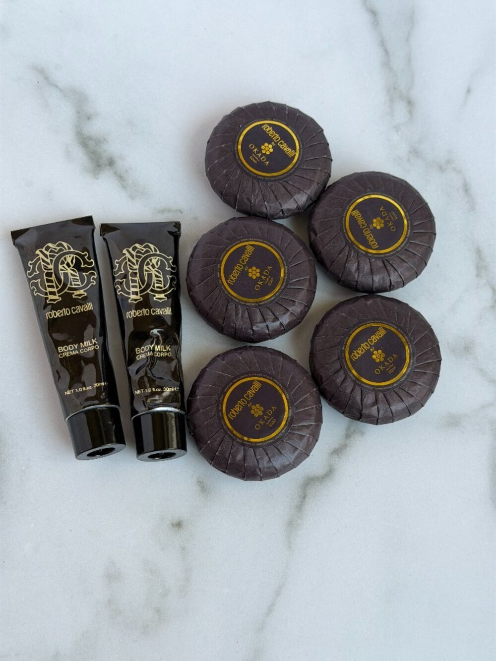 Roberto Cavalli Hotel Toiletries Amenity Set 5 Okada Manila Soaps & 2 Body LOT